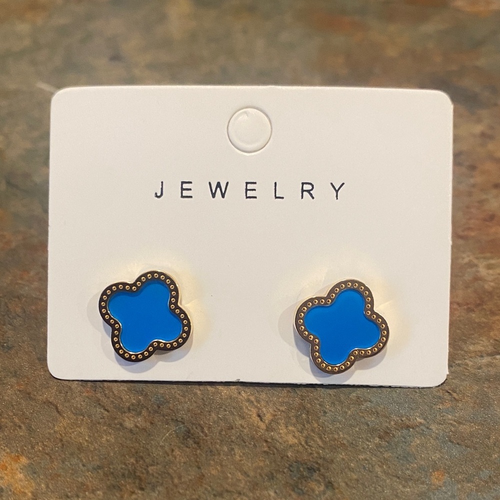 Blue and Gold Flower Stud Earrings NIP